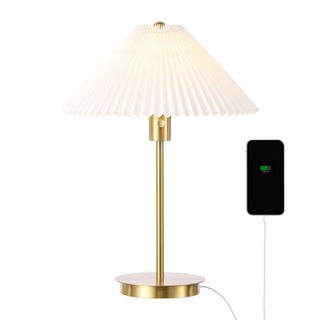 Jonathan Y Freida 21.25" Modern Glam Metal Column LED Table Lamp w/USB Charging Port and Pleated Shade, Brass Go JYL1149A