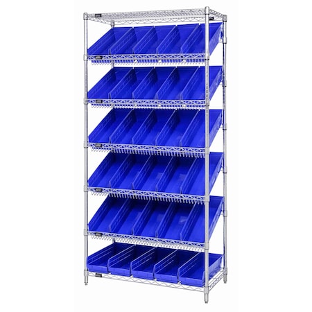 Quantum Storage Systems WIRE SHELVING UNIT W/30 BLUE BINS WRS-7-104BL