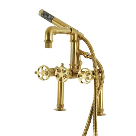Kingston Brass 7" Center Deck-Mount Clawfoot Tub Faucet with Knurled Handle and Hand Shower, Brushed Brass AE6407RKX