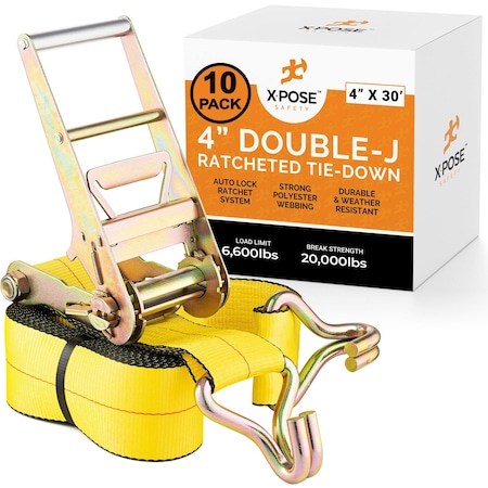 Xpose Safety Heavy Duty Ratchet Straps with Double J Hooks Yellow 4in x 30ft for Tie Down Needs, 10PK RTD430-DJH-10-X-S