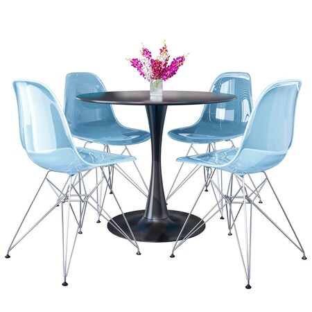 Leisuremod Bristol 5-Piece Modern Dining Set: Round MDF Table & 4 Eiffel Plastic Chairs with Chrome Legs, 5PK BTBL-35BL-CR19TBU4