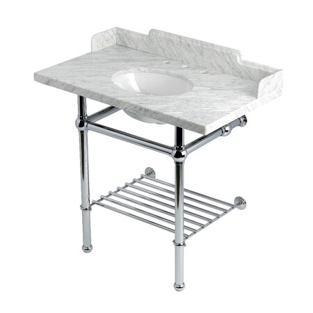 Kingston Brass 36-Inch Carrara Marble Console Sink with Brass Legs and Shelf, 8-Inch, 3-Hole LMS36MBB1