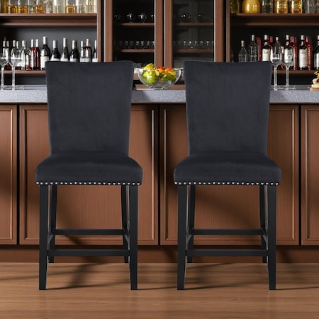 Homeroots Set of Two 25" Black Wood and Velvet Counter Height Bar Chairs 564781