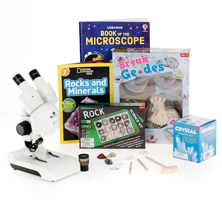 Amscope Kid's Natural Geode Discoverer Set featuring Deluxe All-In-One Stereo Microscope, Ultimate Natural G KVB-GEO-122-DIS