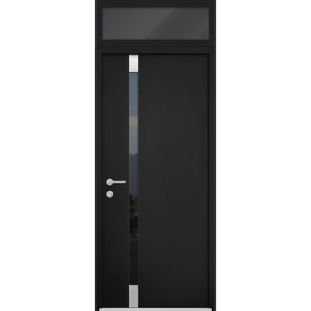 Vdomdoors Steel Door Cynex 6777 Black Transom Window Stainless Inserts Single Modern Painted-W32xH80+16-Right CYNEX6777EXD-BLK-W32 x H80+16-Right-hand Inswing