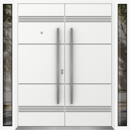 Vdomdoors Metal Double Doors Deux 1705 White Enamel 2 Sidelights Entry Modern Painted 96x80 (W12+72+12xH80) L DEUX1705DEXD-BEM-W12+72+12xH80-LH-I