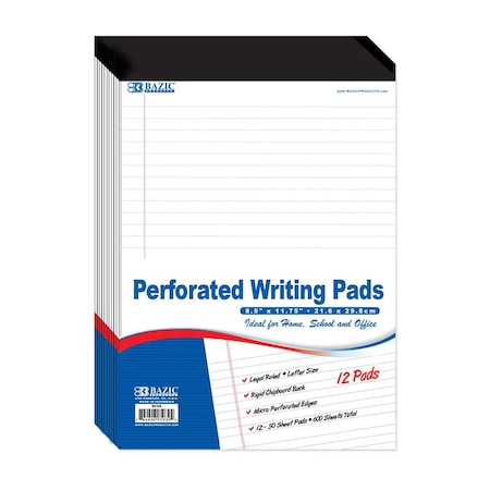 Bazic Products Perforated Writing Pads, 8.5in. x 11.75in., White, 50 Sheets, 12PK 5039