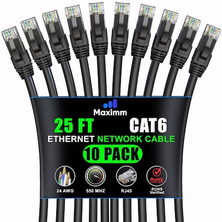 Maximm Cat6 Ethernet Cable 25ft 10Gbps 550MHz UTP, 10PK, Black, 10PK CAT6CCA-25BK-10PK