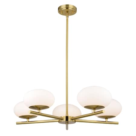Vaxcel Sloane 5 Light LED Gold Satin Brass Mid-Century Modern Chandelier with White Glass Globes H0281