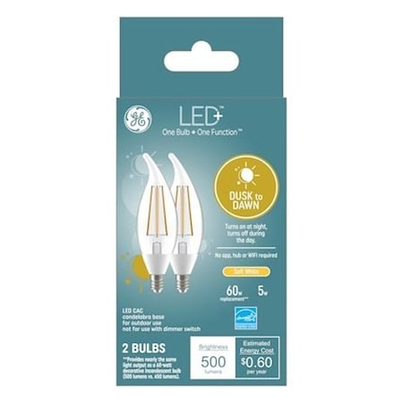 Ge LED+ 93121492 Dusk To Dawn Light Bulb, CAC Lamp, 60 W Equivalent, Candelabra E12 Lamp Base, PK2 93131707