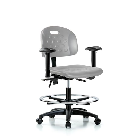 Blue Ridge Ergonomics Poly Chair - Medium Bench Height with Adjustable Arms, Chrome Foot Ring, & Casters in Gray Poly HPMBCH-RG-T0-A1-CF-RC-GRY