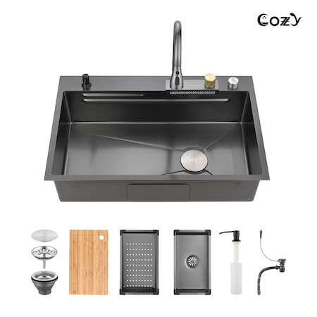 Wrightmaster 30"Drop-In Single Bowl Black Stainless Steel Kitchen Sink w/Drainage Control Knob and Cutting Board ZOR-BL05-302208