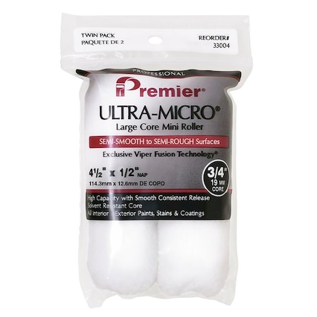 Ultra-Micro 4-1/2in x 1/2in Nap Premier Large Core Mini Roller Cover, 2PK 33004