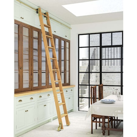 Quiet Glide 9.92 ft. Cherry Sunburst Wheel Brushed Satin Brass Rolling Ladder, 12 ft. Rail QG.210-10CH-12-H.06B