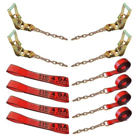 Tie 4 Safe 8 Point Roll Back Tie Down Kit w/ Chain Ends for Car Hauler Carrier Tow Truck. Red RT04CK-715-516-8P-14-R