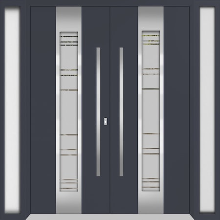 Vdomdoors Aluminum Double Doors Deux 0757 Gray Graphite Frosted Glass 2 Sidelights Entry Modern Painted 104x9 DEUX0757DEXD-GRE-W16+72+16xH96-LH-O
