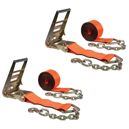 Mytee Products 4in x 30ft Orange Ratchet Strap w/ Chain Anchor 6667 # WLL Hi Abrasion Tie Down, 2PK RS430ACx2