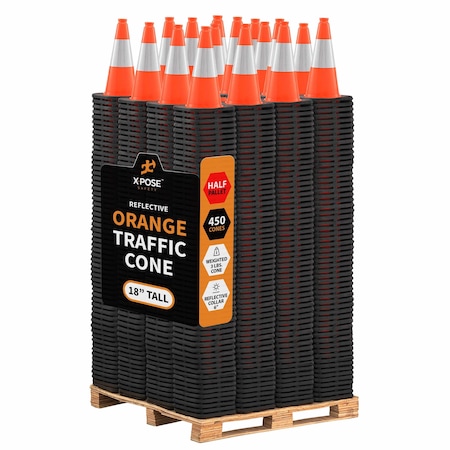 Xpose Safety Traffic Safety Cone, 18 in, PVC, 6 in Reflective Collar, DOT Approved, Orange, Half Pallet, PK450 OTC18-6-HP450-X
