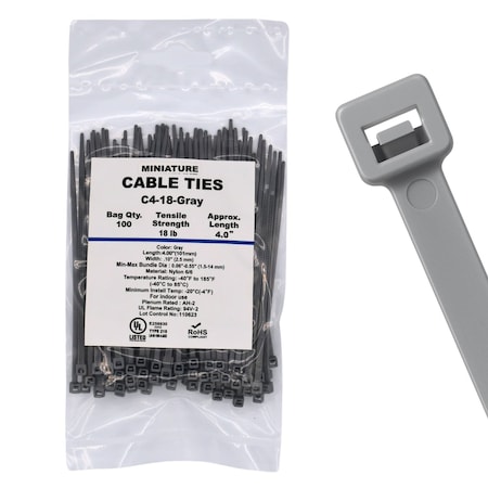 Cable Ties Unlimited Cable Tie, 4 in L, 18 lb Strength, 1 in Max Bundle Dia, Nylon 6/6, Gray 100PK C4-18-Gray