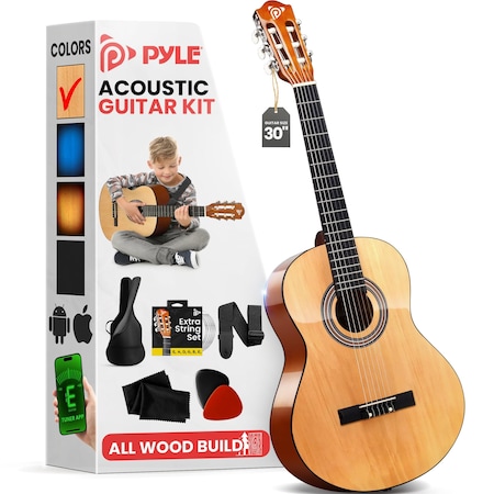 Pyle Pyle Beginner 6 String Acoustic Guitar Kit, 1/4 Junior Size, 30" Natural Gloss for Students PGACLS30