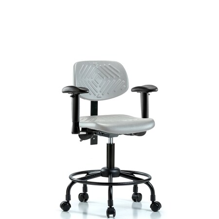 Blue Ridge Ergonomics Polyurethane Chair Round Tube Base - Desk Height with Adjustable Arms & Casters in Gray Polyurethane PDHCH-RT-T0-A1-RC-GRY