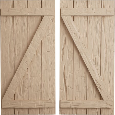 Ekena Millwork Rustic Four Board Joined Board-n-Batten Hand Hewn Faux Wood Shutters w/Z-Board, 22W x 70H, PR SHUBJZ22X70HHPR