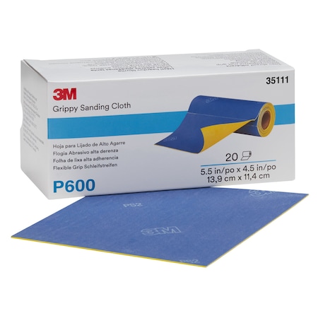3M Grippy Sanding Cloth, P600 Grade, 5.5 in x 4.5 in, 20 Sheets/Roll, 4PK 35111