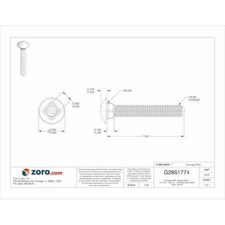 Zoro Select Carriage Bolt, Square Neck, 1/4"-20, 1-3/4 in L, 18-8 Stainless Steel, Plain, 25 PK 1VB84