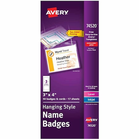 Avery Hanging Style Name Badges, 3" x 4", Clear, 50/Box 74520