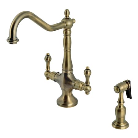 Kingston Brass Two-Handle Single-Hole Kitchen Faucet with Brass Sprayer, Antique Brass KS1773ALBS