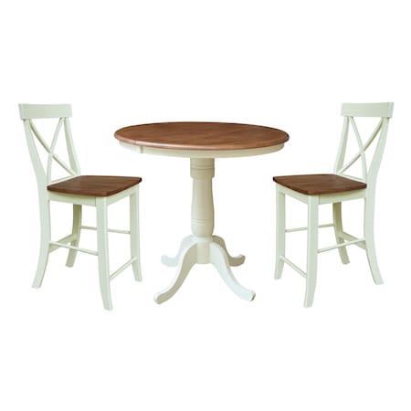 Whitewood Industries Rectangular Fixed Top Extension Pedestal Dining Table W/ 2 Counter Height Stools, 36 in W, 48 in H K79-36RXT-6B-S6132-2