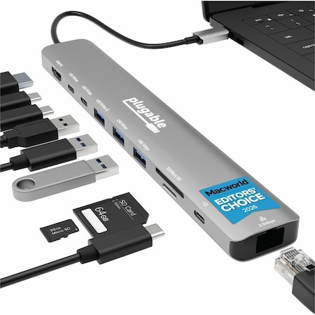 Plugable USB C HUB: 10-IN-1 MULTIPORT ADAPTER (8K/4K 144HZ HDMI 2.1, 2.5G ETHERN USBC-10IN1E