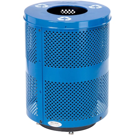 Global Industrial Outdoor Perforated Steel Recycling Trash Can, Base and Flat Lid, 36 Gal, Blue B3178683