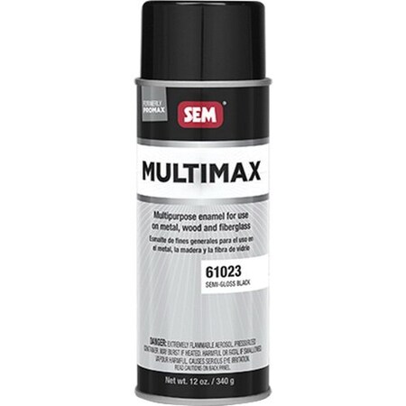 Sem MULTIMAX Enamel Paint, 12 oz Aerosol Can, Semi-Gloss Black, 5 to 10 min Curing, 70 deg F 61023