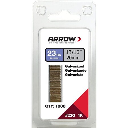 Arrow Fastener Common Nail, 13/16 in L, Steel, Galvanized Finish, 23 ga 23G20-1K