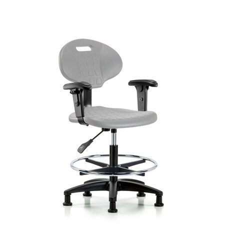 Blue Ridge Ergonomics Poly Chair-Medium Bench Ht with Chrome Foot Ring, Adjustable Arms, &Stat Glides in Gray Poly TPMBCH-RG-A1-CF-RG-GRY