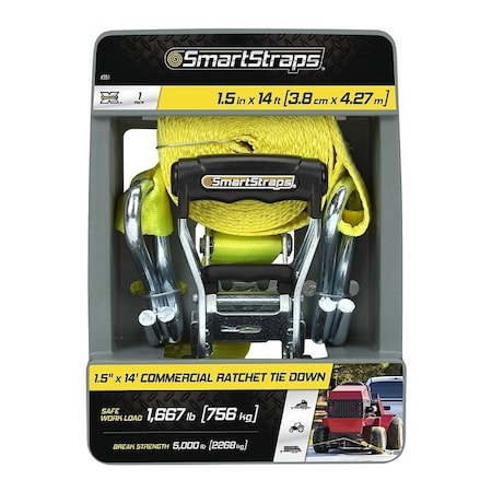 Smartstrap RachetX Series Tie-Down, 1-1/2 in W, 14 ft L, Plastic/Polyester/Rubber/Steel, Yellow, 1667 lb 351
