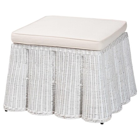 Bali & Pari Palm Bohemian White Scallop Rattan Ottoman 255-14100-ZORO