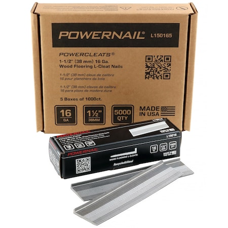 Powernail Collated Flooring Nail, 1-1/2 in L, 16, L-Head Head, 5000 PK L150165