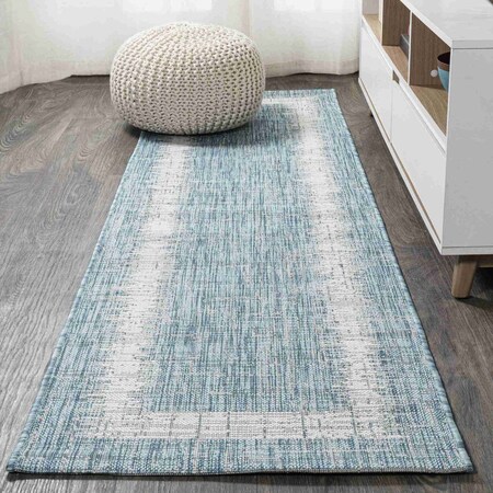 Jonathan Y Scandi Minimalist Border Aqua/Ivory 2 ft. x 10 ft. Indoor/Outdoor Runner Rug SMB118A-210