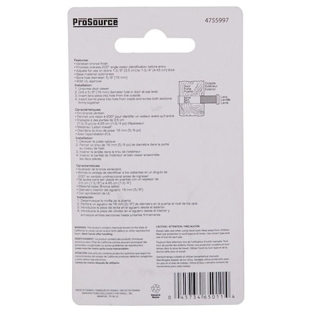 Prosource Door Viewer, 200 deg Viewing, 1-3/8 to 2-1/8 in Thick Door, Solid Brass, Venetian Bronze LR-002VB-PS