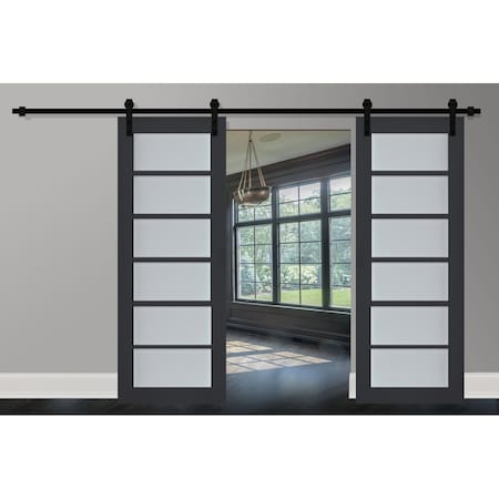 Sartodoors Sturdy Double Barn Door with Frosted Glass 64x84 (2* 32x84) Solid Core Modern Interior VEREGIO7602DB-ANT-6484