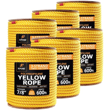 Xpose Safety 7/8in x 600 ft Twisted Polypropylene Rope, Yellow, 6PK YPR78-600-6-X