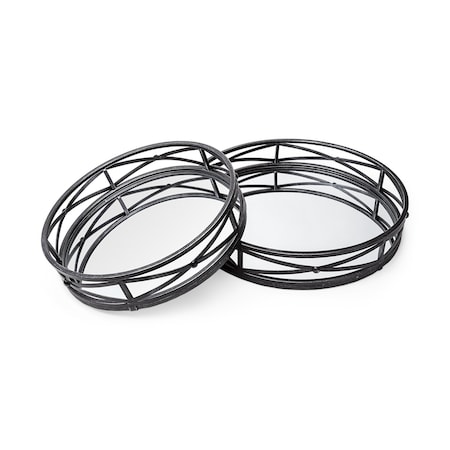 Homeroots Set of Two Black Round Metal And Mirrored Glass Vanity Trays 376025