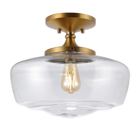 Jonathan Y Marfa 14" 1-Light Modern Farmhouse Schoolhouse Frosted Glass/Metal LED Semi Flush Mount, Brass Gold JYL7517B