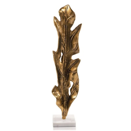 Homeroots 26" Antiqued Gold And White Aluminum And Marble Leaf Tabletop Sculpture 628140