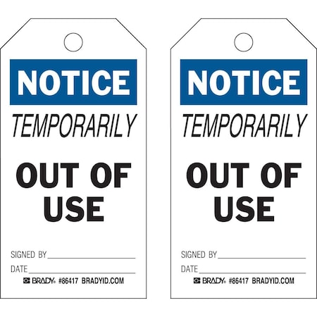 Brady Safety Inspection Tag NOTICE Polyester 5.75 x 3 Black, Blue on White 10/PK, 10PK 86417