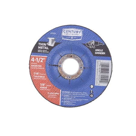 Century Drill & Tool Abrasive Cut-Off Wheel, Type 27A, 4-1/2 in Dia, 0.045 in Thick, 7/8 in Arbor Hole Size, A60T Series 75552