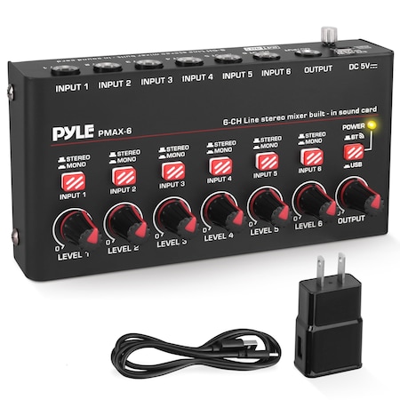 Pyle 6-Channel Bluetooth Mini Line Mixer with USB Audio Interface - 6 Mono/Stereo Switching Inputs PMAX6
