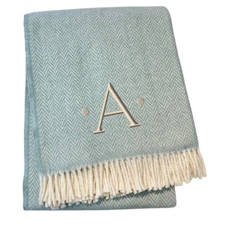 Homeroots 55" X 70" Sky Blue White Herringbone Cotton Blend A Initial Throw Blanket with Tassels Embroidery 680586